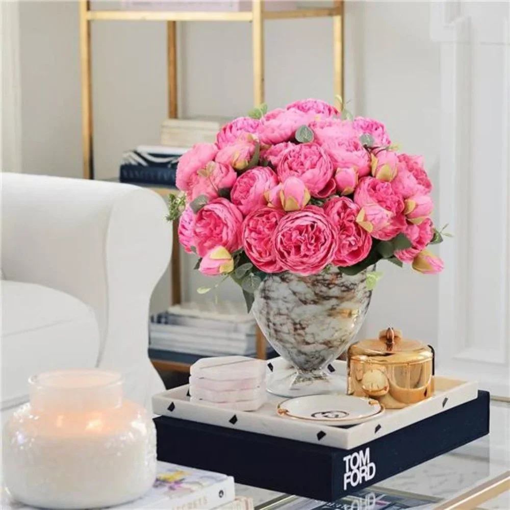 Artificial Peony Flower Silk Peonies Bouquet 4Bundles Fake Flowers Bulk(RedRose)